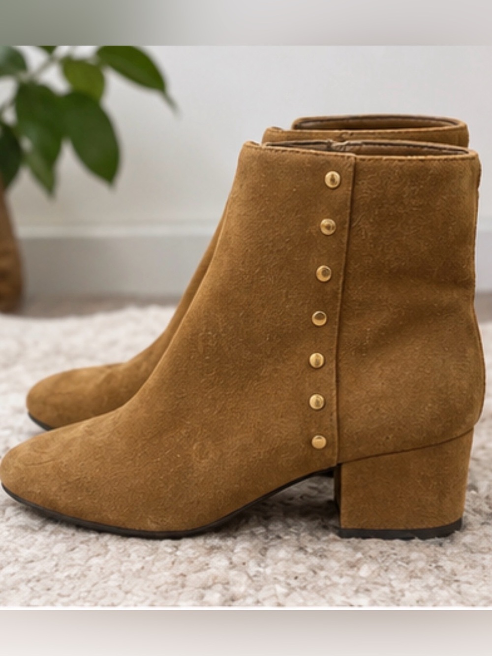 Ralph Laurent Suede Ankle Booties in Camel with Gold Stud Detail